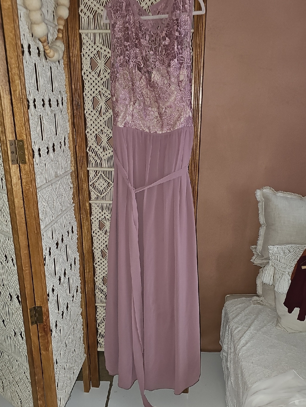 David's Bridal Dusty Rose Lace Bodice Maxi Dress